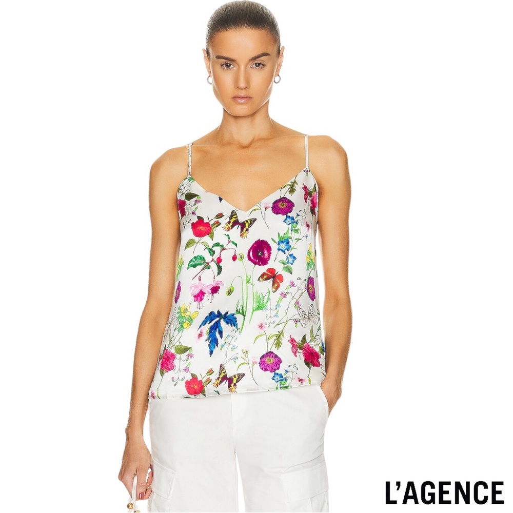 L'AGENCE White Floral Silk Camisole with Multicolor Bloom